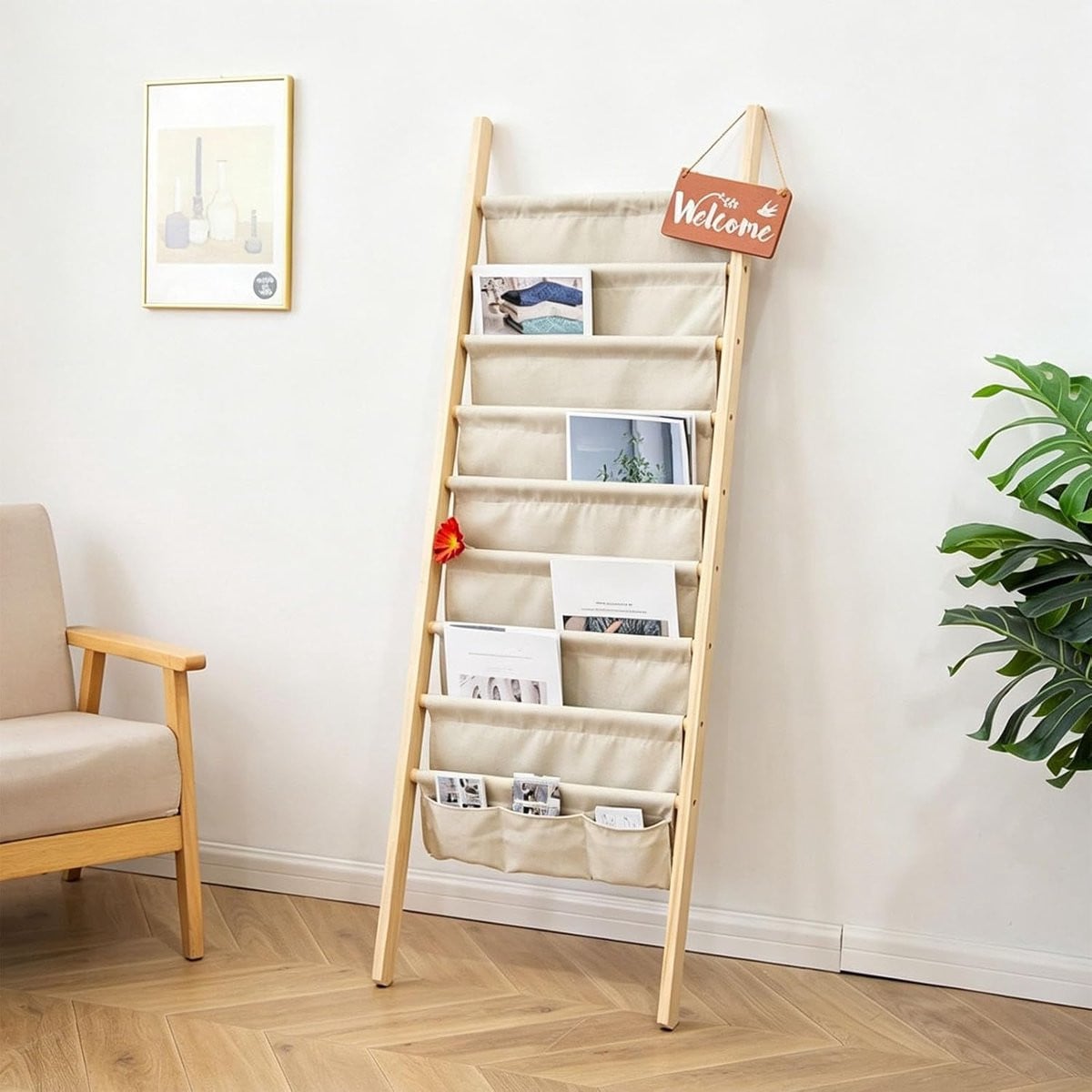 Staand Magazijnrek Literatuur Organizer met Massief Houten Frame in Linnen Grijs, Hoogte: 143,5 cm