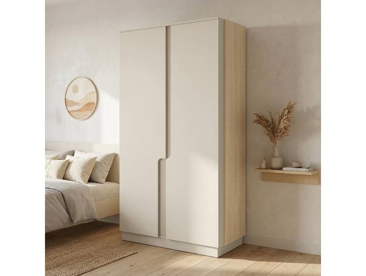BEAUTYSOFA Kleiderschrank POSITIVO 2 Türiger Drehtürenschrank Macadamia & Eiche Mavelie – Moderner Garderobenschrank mit Tip-On-System