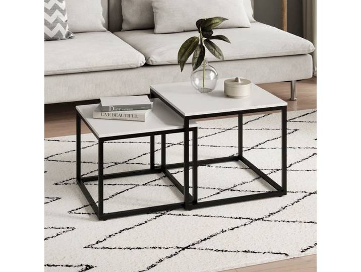 Lot de 2 tables basses de salon - Tables gigognes - Table basse carrée - Set de 2 tables - Style industriel - Blanc