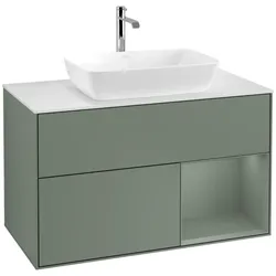 Villeroy und Boch Finion Waschtischunterschrank F781GMGM 100cm, Abdeckplatte white matt, Regale Olive matt lacquer, Olive Matt Lacquer