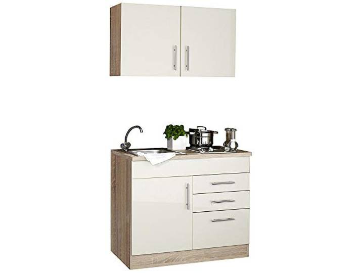 Lomadox Single-Küche 100cm Hochglanz Creme inkl. Spüle & Kochmulde
