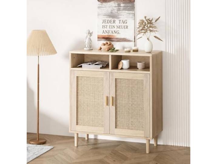 GarveeMore Rattan Sideboard Buffet Kommode für Flur 92x80x40cm mit 2 Türen vverstellbarem Regal Moderner Landhausstil