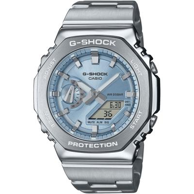 Chronograph CASIO G-SHOCK, silber (silberfarben, hellblau, hellblau, grau), Armbanduhren, Herren, silberfarben, Chronograph, Quarzuhr Armbanduhr,Herren,digital,bis 20bar wasserd.,Edelstahlarmband