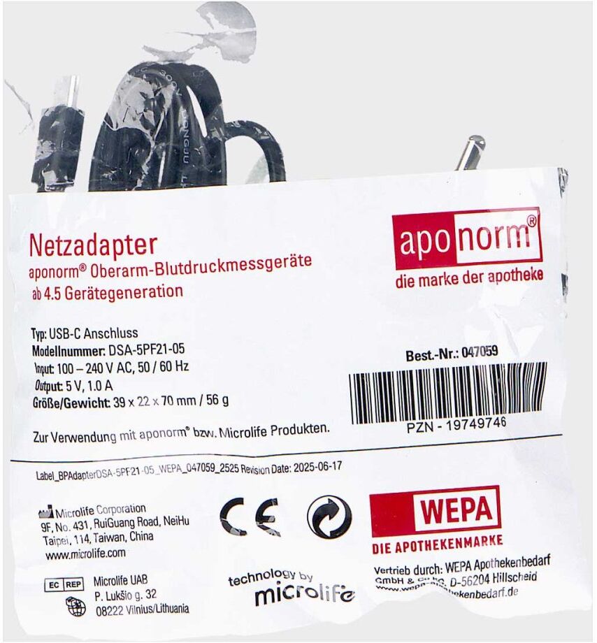 Aponorm Blutdruckmessgerät Netzadapter USB-C Oberarm 1stk