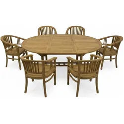 Endorphin, Gartenlounge, Toskana Gartenmöbel Set 7tlg. Teakholz, Tisch oval, ausziehbar mit 6 Stühlen stapelbar