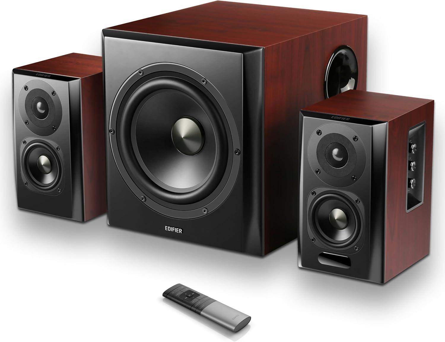 Edifier S350DB Aktivlautsprecher 2.1 HiFi Soundsystem mit 8-Zoll-Subwoofer, Bluetooth aptX, Regallautsprecher mit optischem & koaxialem Eingang-Braun