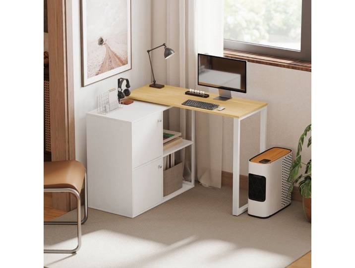Bureau d'angle rotatif 360° avec 2 placards et 2 étagères ouvertes bureau informatique blanc aspect bois - UVRION