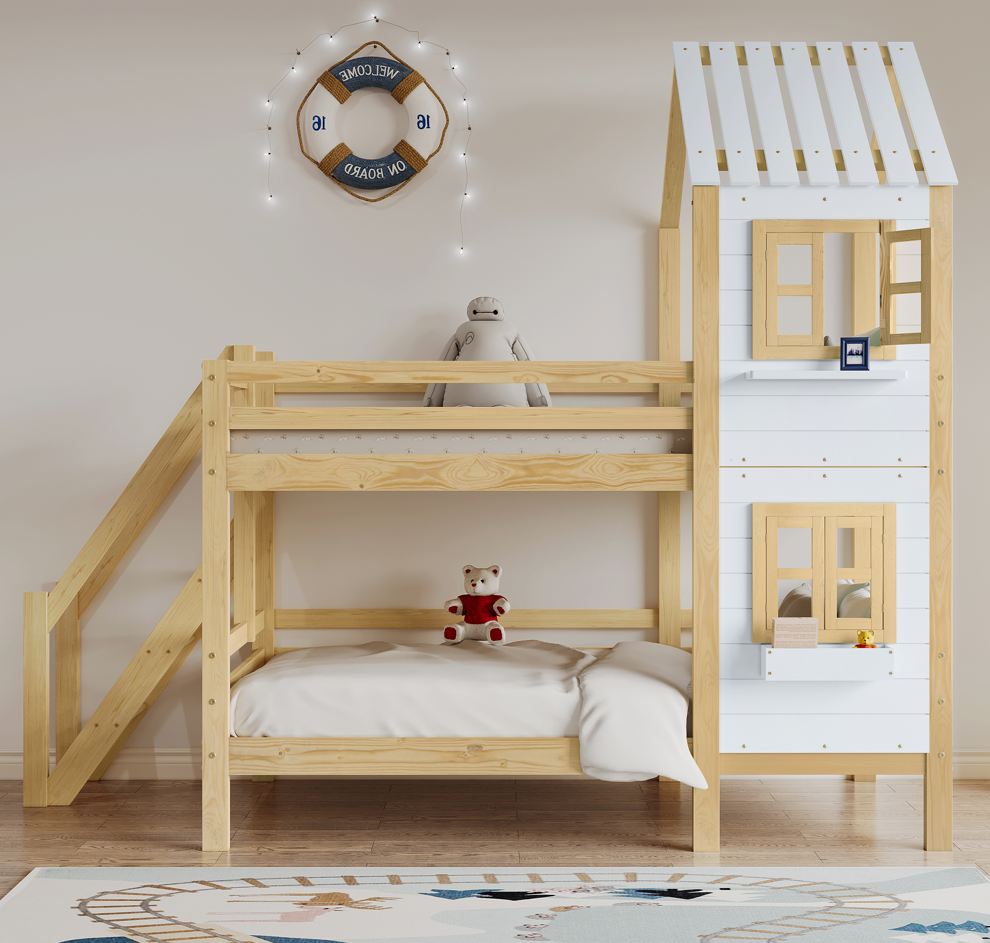 Etagenbett mit Handlauf und Fenster, Hausbett, Kinderbett mit Fallschutz und Gitter, Rahmen aus Holz, Weiß+Natur (90x200cm)