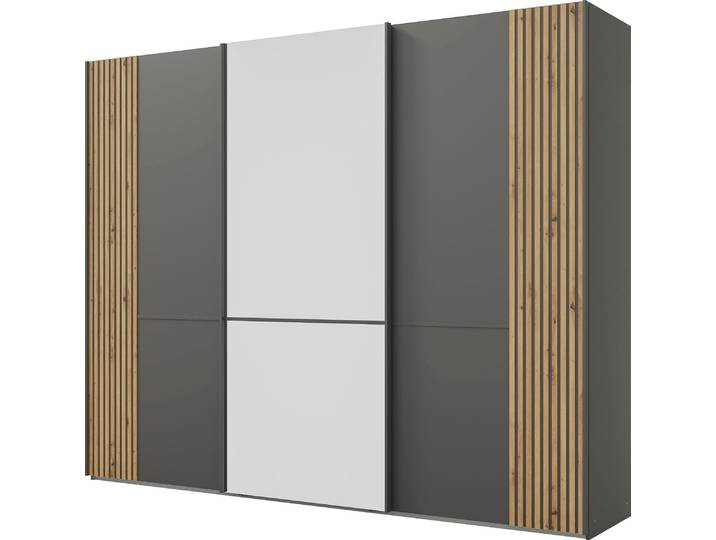 Schwebetürenschrank MUSTERRING Isabelle , grau (graphit, dekor), B:295,2cm H:236cm T:67cm, Hartfaserplatte, Holzwerkstoff, Kristallglas, Schränke, Schwebetürenschrank, Türen mit Lamellenoptik, mittige Spiegeltür, verschiedene Grössen
