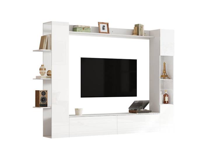Flieks Tv-Wohnwand 4-teilig TV Schrank Vitrine Stauraum Weiß, 245x170x30 cm, Wohnzimmer, Wohnwände