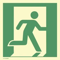 Aufkleber Notausgang rechts, ISO 7010, PVC-U selbstklebend, nachleucht.,160-mcd, 200x200mm