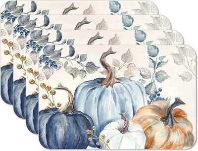 CounterArt Pumpkin Blues Reversible Easy Care Flexible Plastic Placemat 4 Pack Made in The USA