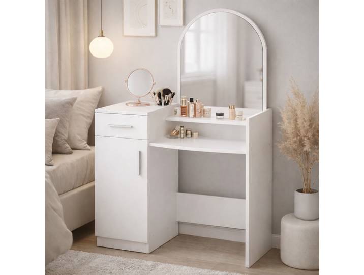 Schminktisch GOODPRODUCT Trympo 1, Kosmetiktisch, Frisiertisch, Schminkkommode, Toilettentisch , weiss (weiß, weiß, weiß), B:85,6cm H:139cm T:39cm, Tische, Schminktisch, Schminktisch mit Spiegel und Stauraum (1 Schublade, 1 Tür)