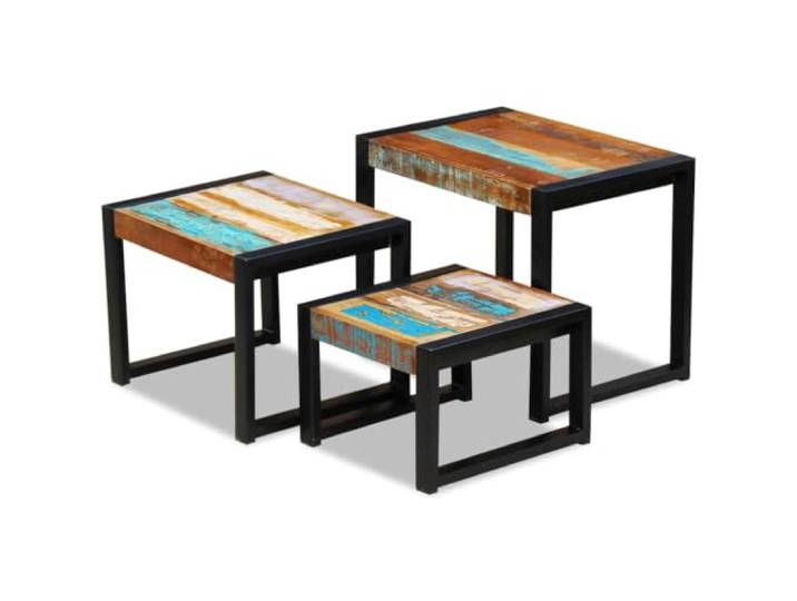 Favemtsl 3-TLG Satztisch-Set aus Altholz & Stahl, Rechteckig Couchtisch Platzsparende Stapeltische im Vintage-Design für Wohnzimmer & Schlafzimmer, echtes Massivholz mit robustem Stahlgestell.