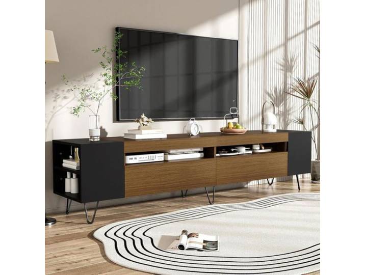 Meuble TV - Console TV - Lowboard 180 cm - Noir et bois - 2 portes - Étagères latérales ouvertes