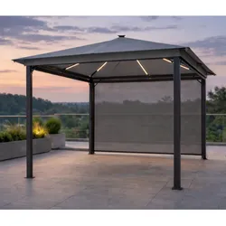Leco Solar-Pavillon "Zoey" mit LED-Beleuchtung und Gittergewebe-Rollos,lichtgrau,300 x 300 x 261 cm (L x B x H)