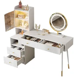 Schminktisch-Set mit dreifarbigem LED-Spiegel 100x40x125 cm weiß mit vier Schubladen und beleuchtetem Schrank