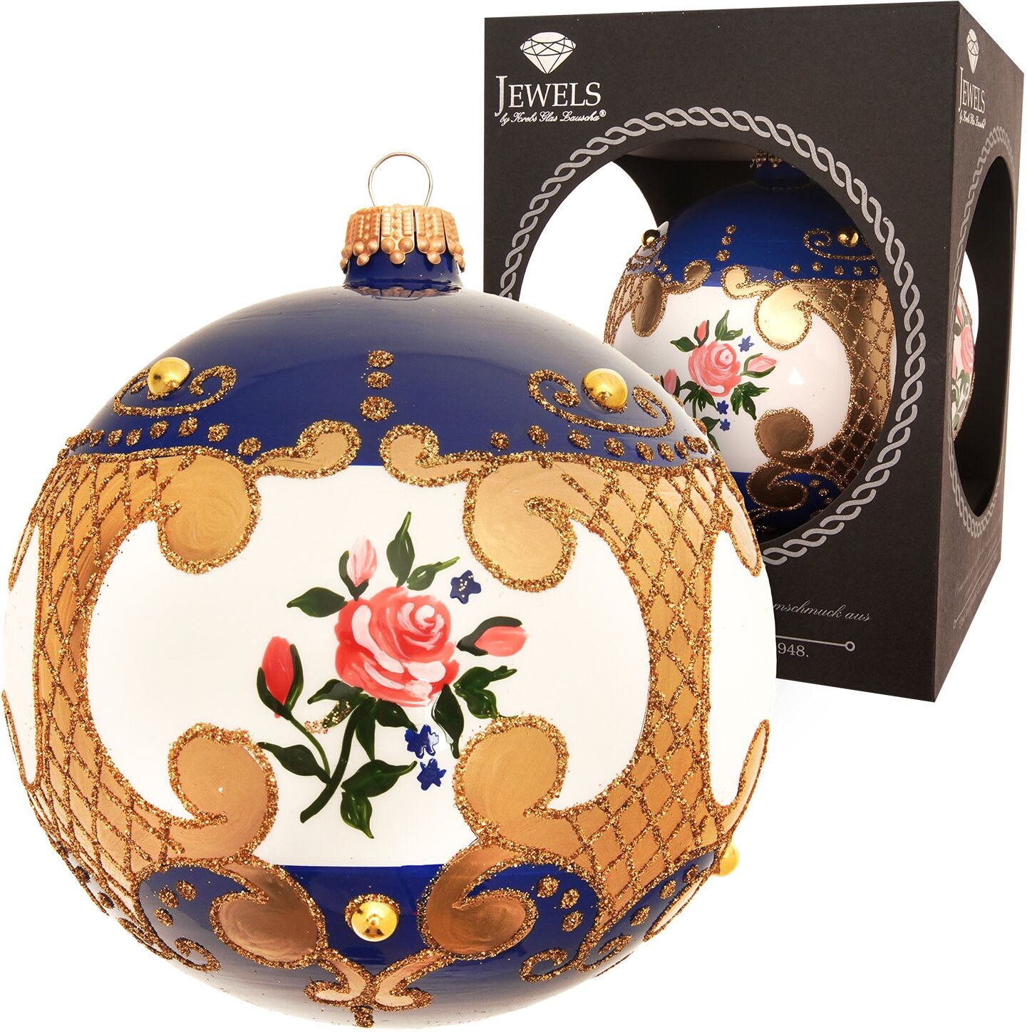 Weihnachtsbaumkugel KREBS GLAS LAUSCHA "Weihnachtskugel Rosendesign blau weiss 10cm", blau, B:10cm H:10cm T:10cm Ø:10cm, Glas, Weihnachtsbaumkugeln, Weihnachtsbaumkugel, Dekoriert mit Liebe zum Detail blau 10cm