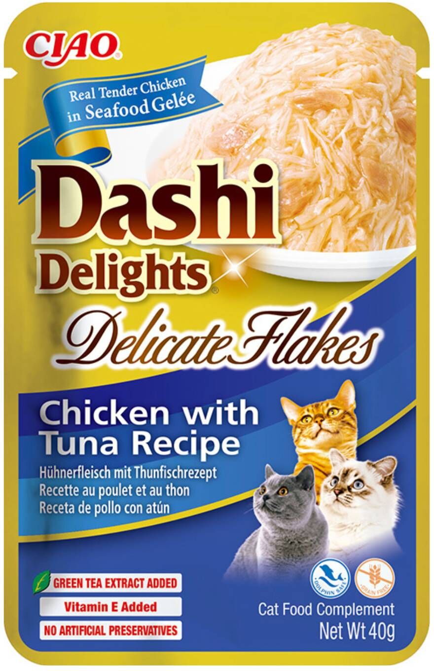 Inaba® Ciao® Inaba Dashi Delights Delicati Fiocchi di Pollo con Tonno in Brodo Cibo Umido per Gatti 40 g