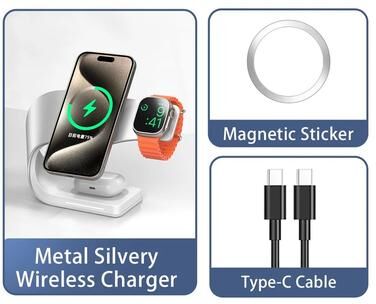 Inspire Curations 4 in 1 Magnetic Wireless Charging Station 15W Fast Charger Stand For IPhone, AirPods & Apple Watch silvery