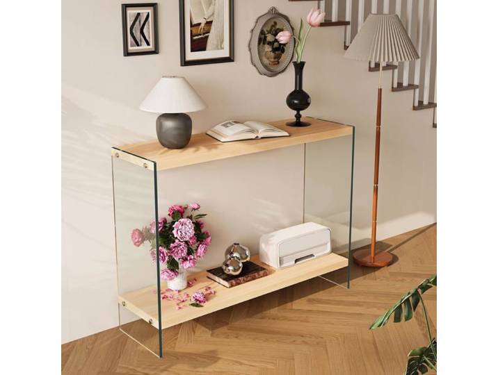 Console - UNHO - Table d'entrée - Verre trempé - 2 étagères en bois - 100x30x76 cm