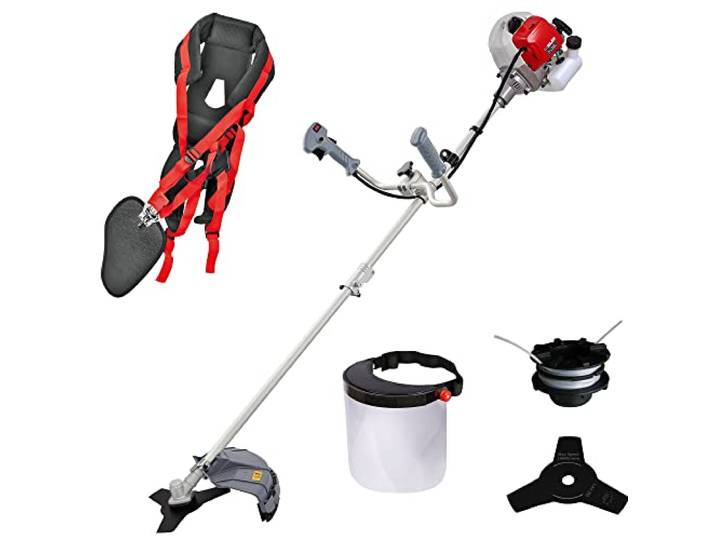 IKRA Benzin Freischneider IBF 43 mit umfangreichem Zubehör, 42,7cm³, 1,1 kW Inkl. 3-Zahn-Messer, Spule, Schutzschild & Profi-Schultergurt, 2-Takt-Benzinmotor, Leichtstartsystem, Bike-Handgriff