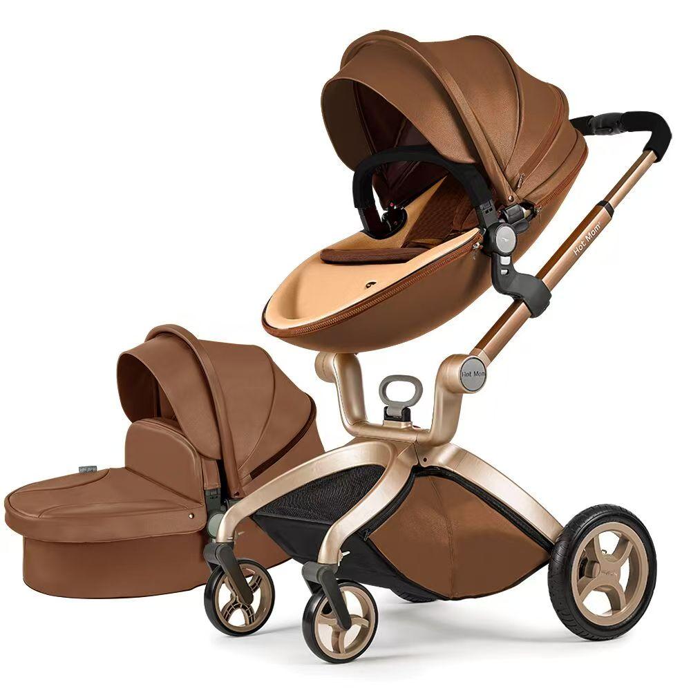 Hot Mom Kinderwagen Klassik Kombikinderwagen 2in1 Riesenset in COFFEE 2in1, Alu-Rahmen/Gummireifen/Regenschutz/mega Zubehör, F22-2025 Style