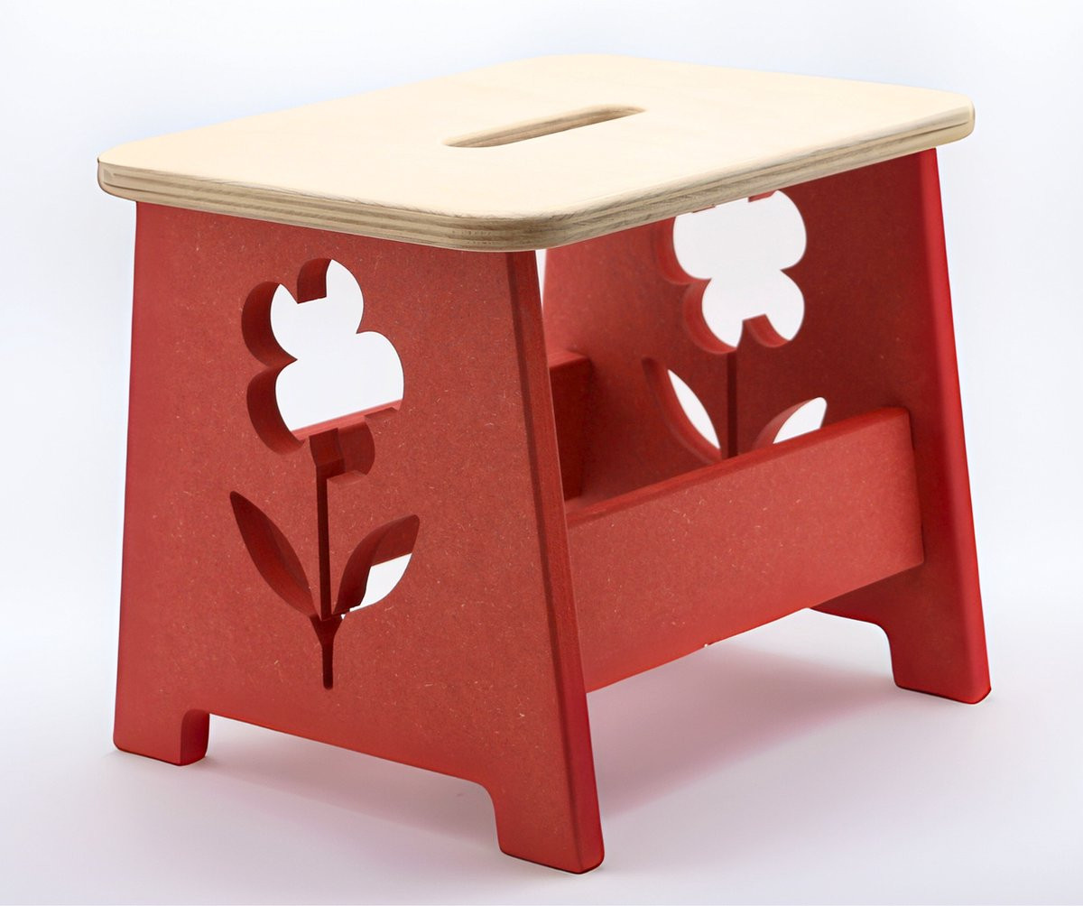 TieWood Houten kinderkruk en opstapje met bloemmotief - Rood