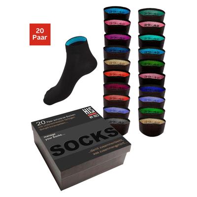 Kurzsocken H.I.S "für Damen und Herren, perfekt zu sortieren, mit farbigen Innenbündchen", Herren, Gr. 39-42, schwarz (20x schwarz), Baumwolle, Elasthan, Polyamid, unifarben, elastisch, Socken, in praktischer Geschenkbox für Beruf und Freizeit,...
