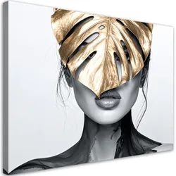 LEINWANDBILD Porträt einer Frau und ein goldenes Monstera-Blatt 90x60cm