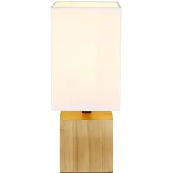 Tischlampe Holzleuchte Nachttischlampe Tischleuchte Wohnzimmer Leselampe Textil weiß, eckig, 9W 810lm warmweiß, LxBxH 12x12x30 cm