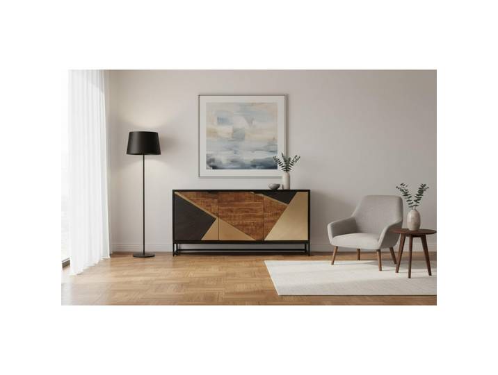 Livetastic Sideboard, Grau, Natur, Schwarz, Gold, Metall, Mangoholz, 2 Fächer, 160x78x42 cm, Holzmöbel, Kleinmöbel Holz, Holzkommoden, Sideboards Holz