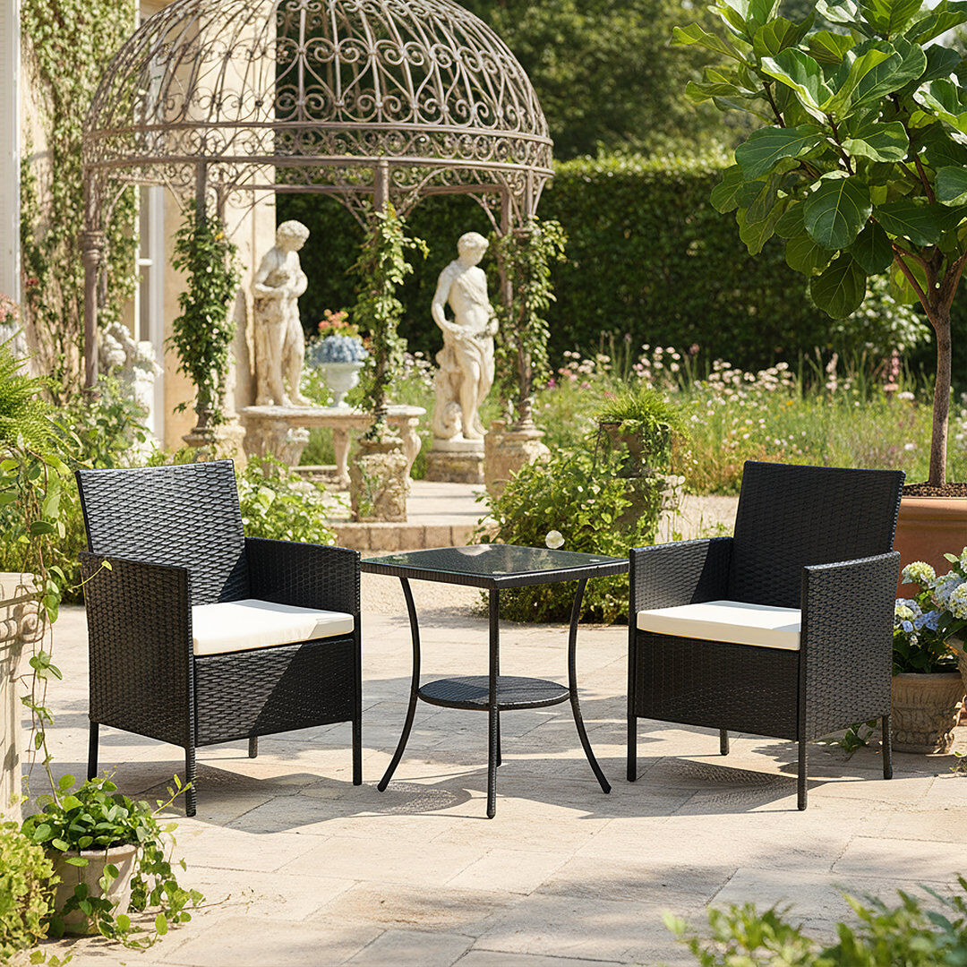 17 Stories 3-Piece PE Rattan Garden Furniture Bistro Set Beige Cushion/Black Frame 2