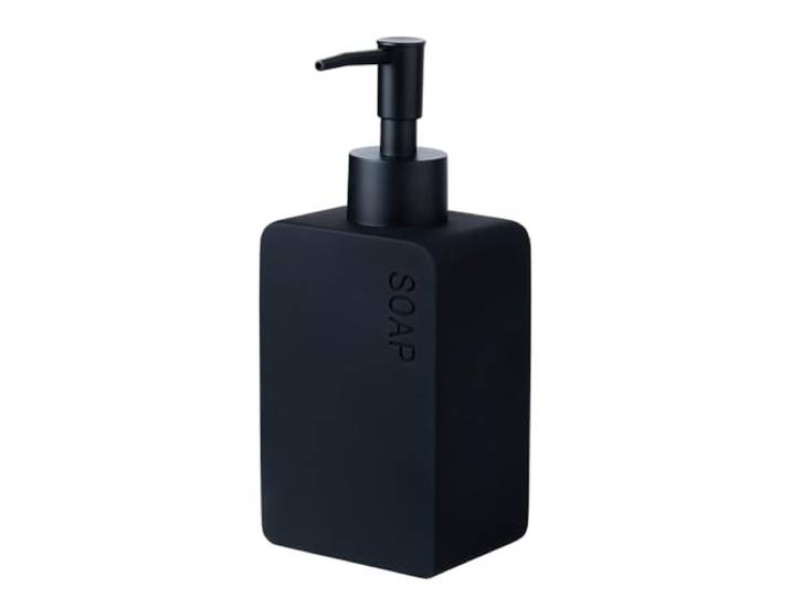 BUTLERS Seifenspender 250 ml Polyresin - Basic - Soap Schriftzug Farbe Schwarz - Flüssigseifenspender für Bad & Gäste-WC - Seifendosierer zum Nachfüllen - Matte Optik
