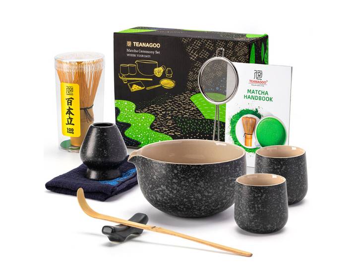 TEANAGOO Matcha Klopper, 9-delige Keramische Matcha Set, Matcha Kit voor Ceremonie, Matcha Theeset voor het maken van Ontbijt/Matcha Latte, Matcha Klopper en Kom Set met 2 Matcha Kopjes (7.2oz), Cadeau voor Matcha Liefhebber