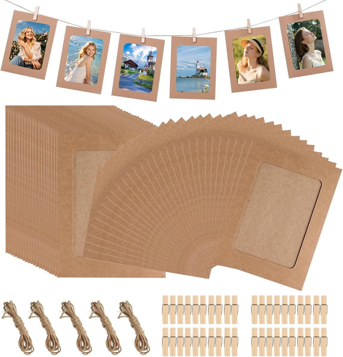 SnelShoppen Photo Garland met 50 stuks bruine kartonnen fotolijstjes van 10x15 cm en fototouw met klemmen voor feestdecoratie