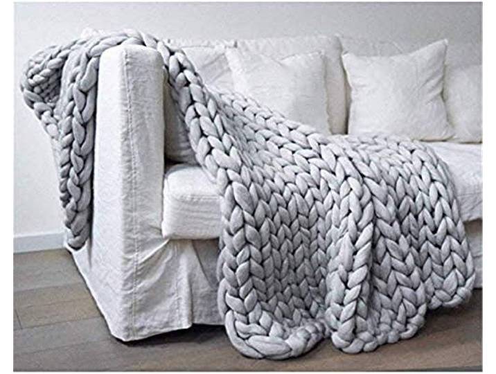 Nicole Knupfer Decke Gestrickte Werfen Handgefertigt Grobe Strickdecke Wolle Garn Sofa Decke DIY Zuhause Geschenk (Hellgrau,120×180cm)