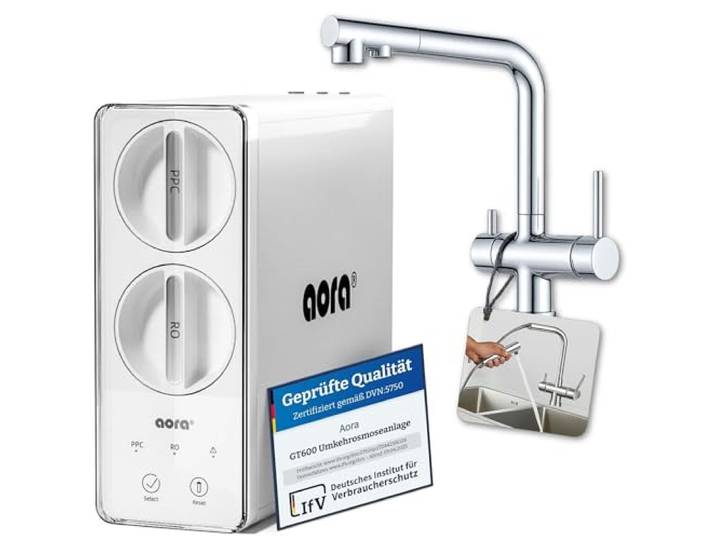 AORA GT600 Umkehrosmoseanlage Untertisch – tankloser Trinkwasserfilter – 8 Stufen Filtration RO System – 3-Wege-Armatur – 3 Sekunden Filterwechsel – Osmoseanlage reines Wasser LUNA Chrom
