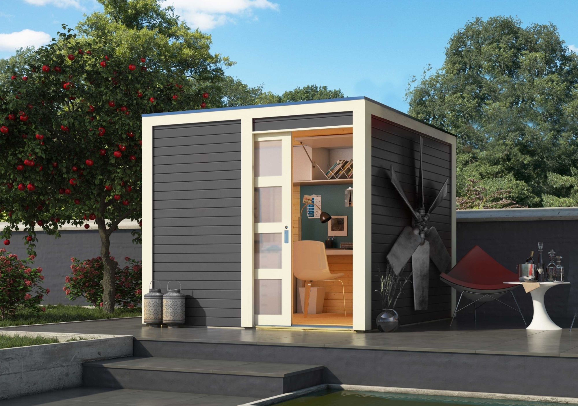 Karibu Gartenhaus Gerätehaus Qubic 1 terragrau 246x246x214 cm