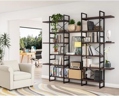 DAVEE FURNITURE "Davee Dark Walnut Color 6-Tiers Industrial Style Bookcase - 85"" H x 94.5"" W x 12.6"" D"