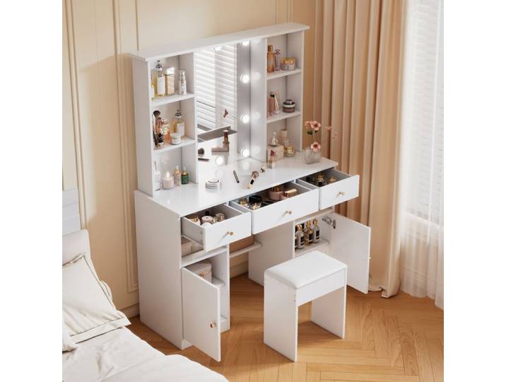 Coiffeuse - ZEVKOR - Miroir LED réglable - 3 tiroirs - 2 portes - 4 étagères - Blanc