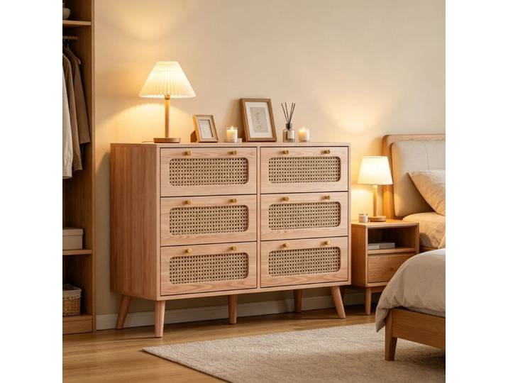 Commode 6 tiroirs Rotin Cannage Meuble en Rotin en Bois rangement spacieux Commode de Rangement pour Couloir Salon et Chambre
