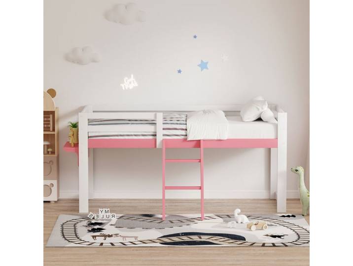 Lit mezzanine - MINIMAL - enfant 90x200 pin massif sommier lattes barrière échelle fixe table rangement blanc rose