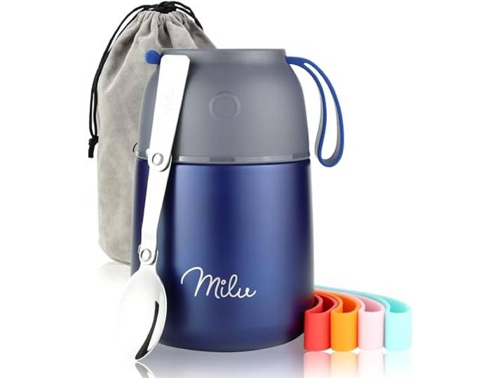 Milu® Thermocontainer, 450 ml, 650 ml, roestvrij staal, warmhoudcontainer, voedselcontainer, babyvoeding, container om eten warm te houden, thermische lunchbox, muesli to go, marineblauw, 450 ml