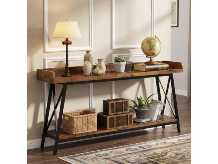 Langer Konsolentisch, 160cm Sobatisch mit Metallrahmen, Industrial-Stil Vintage-Design, Stabiler Metallrahmen, Schmales Profil, Einfache Montage(Brown-b,39.4in*9.8in)