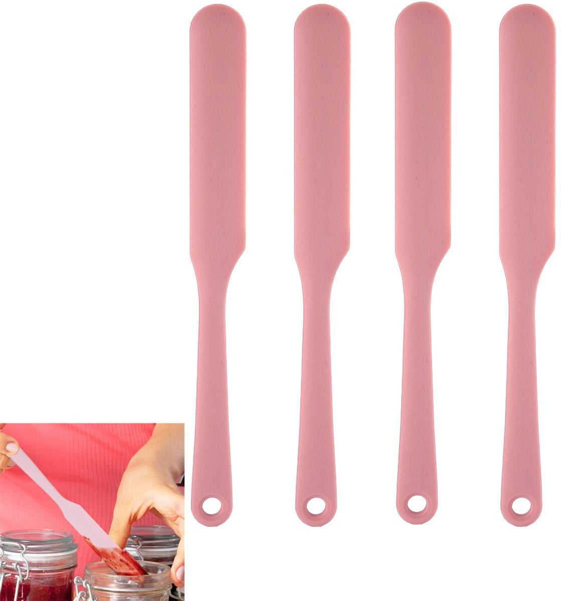 4-delige siliconen spatelsset met lange steel voor deeg en beslag, roze