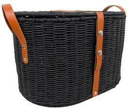 ARCILLA ELEMENTAL Black Rattan Handmade Woven Decorative and Functional Storage Basket with Brown Leather Handles