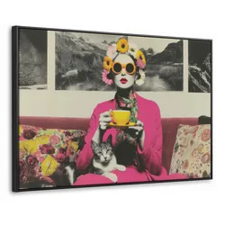 LEINWAND Bilder mit Rahmen - Frau - Katze - Blumen - Tasse - Retro - 150x100