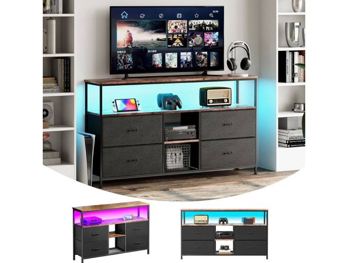 Meuble TV avec éclairage LED et 4 Tiroirs Support TV Meuble Multimédia Console TV Meuble TV pour Salon Noir 137x 29.8x78cm