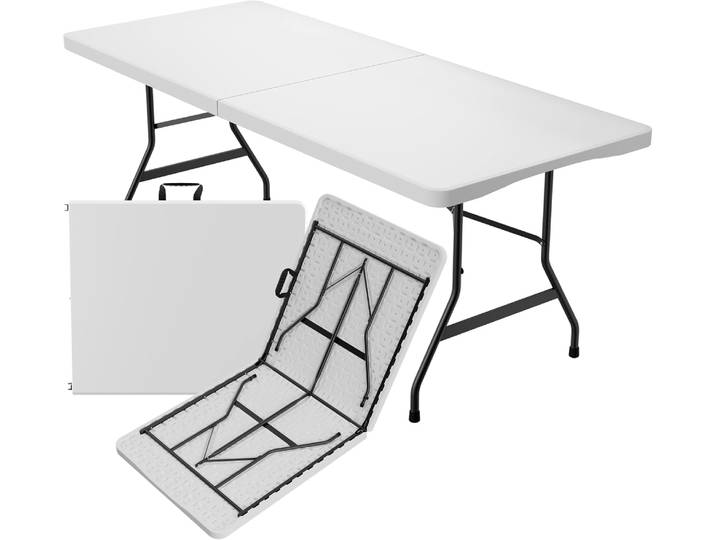 Table de jardin pliable 183x76 cm, poignée de transport en plastique pour 8 personnes, Table Buffet de Camping pliante blanc